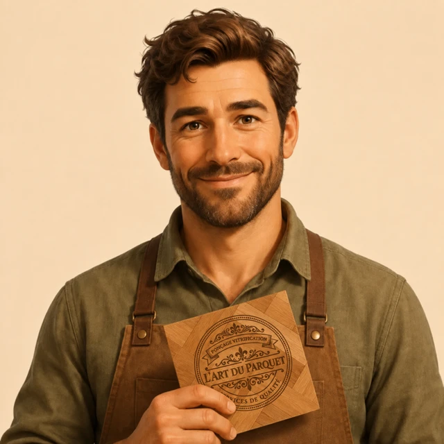Avatar illustré d’un artisan tenant une plaquette de bois avec le logo L’Art du Parquet