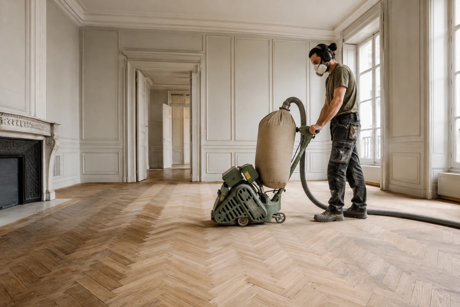 Artisan guidant une ponceuse à parquet dans un intérieur ancien