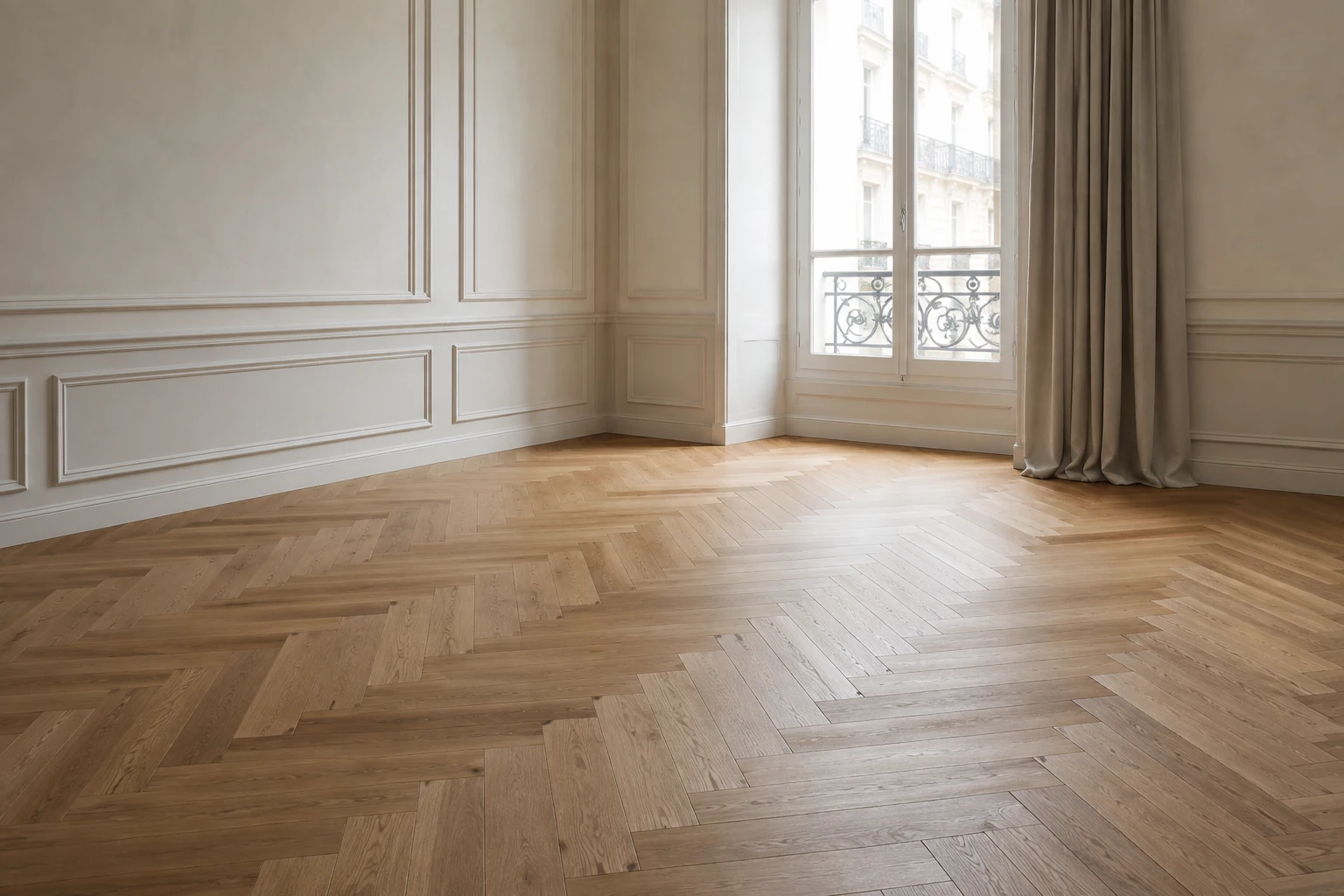 Un parquet à bâtons rompus rénové avec une finition mate