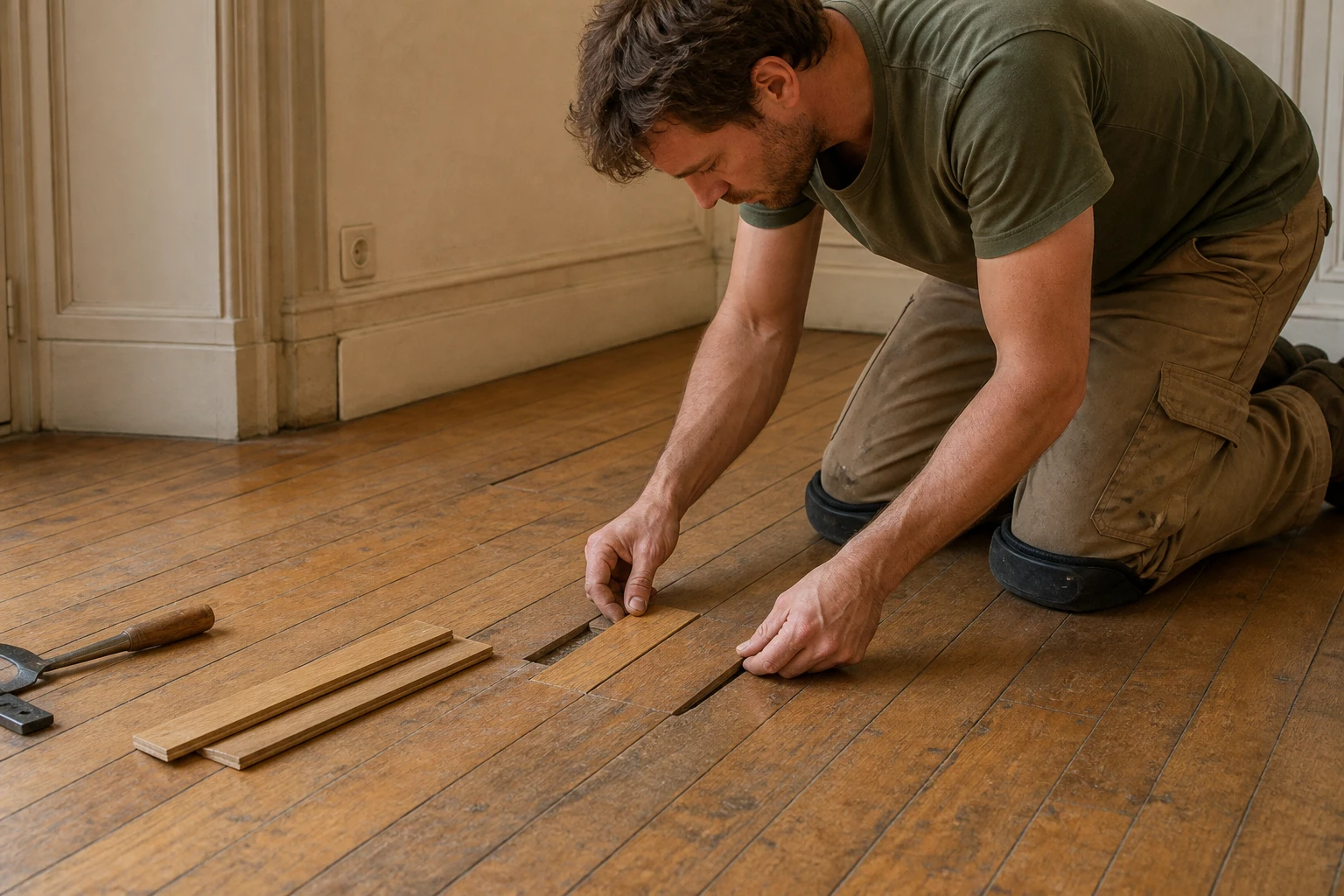 Artisan ajustant une lame de remplacement dans un parquet ancien