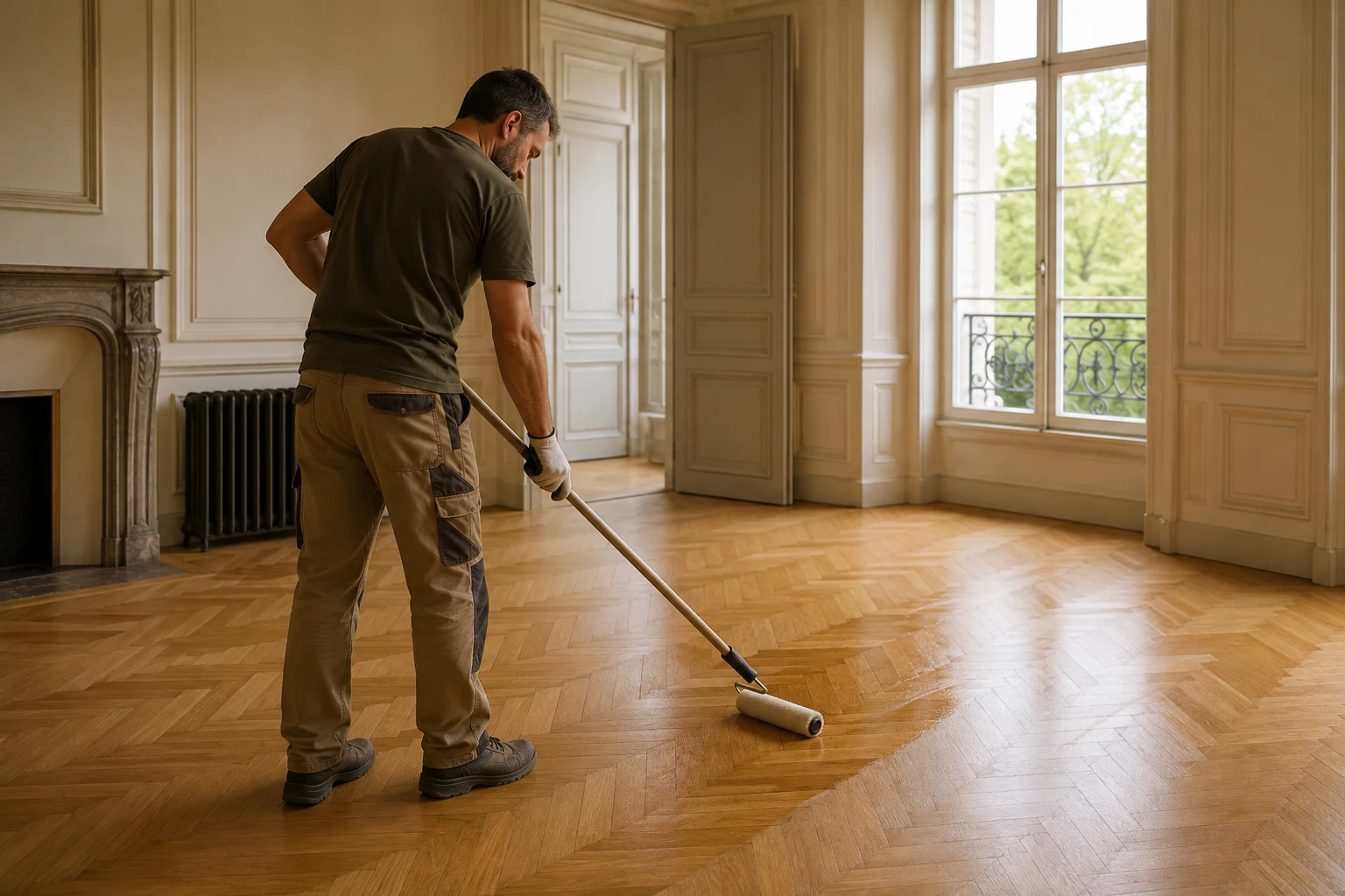 Application au rouleau d’une finition sur un parquet